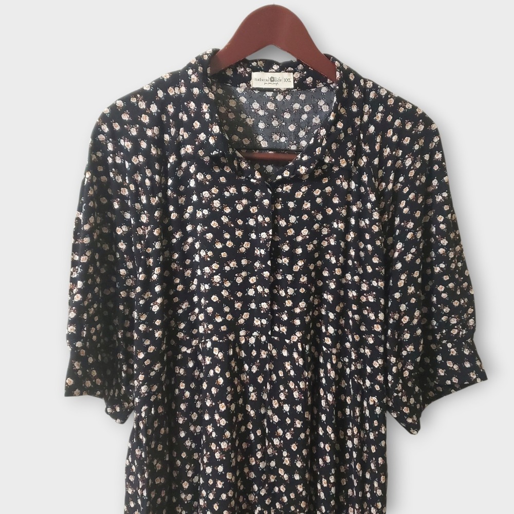 Natural Life Rebecca Tiered Midi Dress Ditsy Floral Black XXL Cottage Boho - Picture 2 of 10
